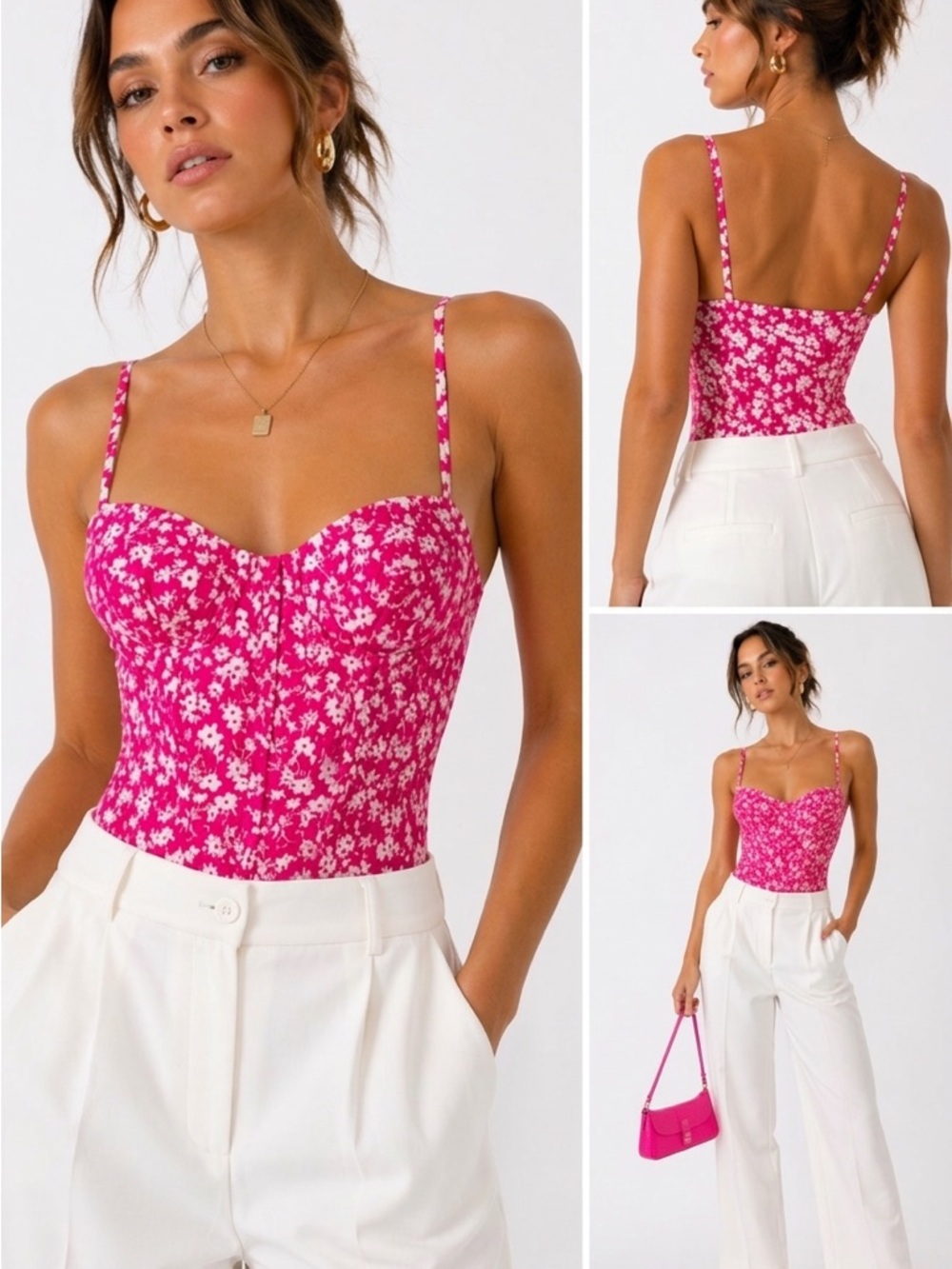 Zara Floral Cotton Blend Corset Bodysuit in Pink and White Sz XS NWT